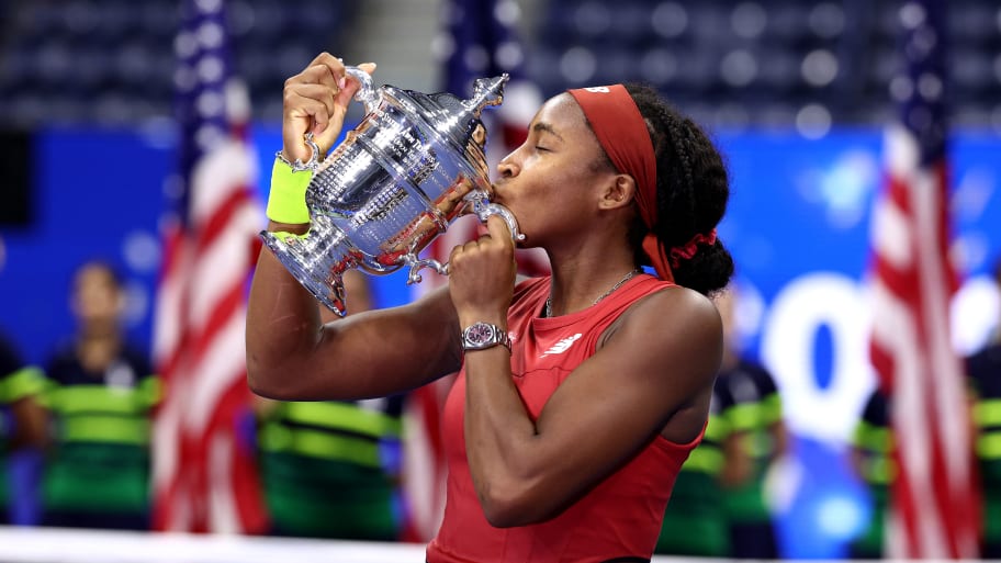 Coco Gauff of the United States celebrates after defeating Aryna Sabalenka of Belarus in their Women's Singles Final match.