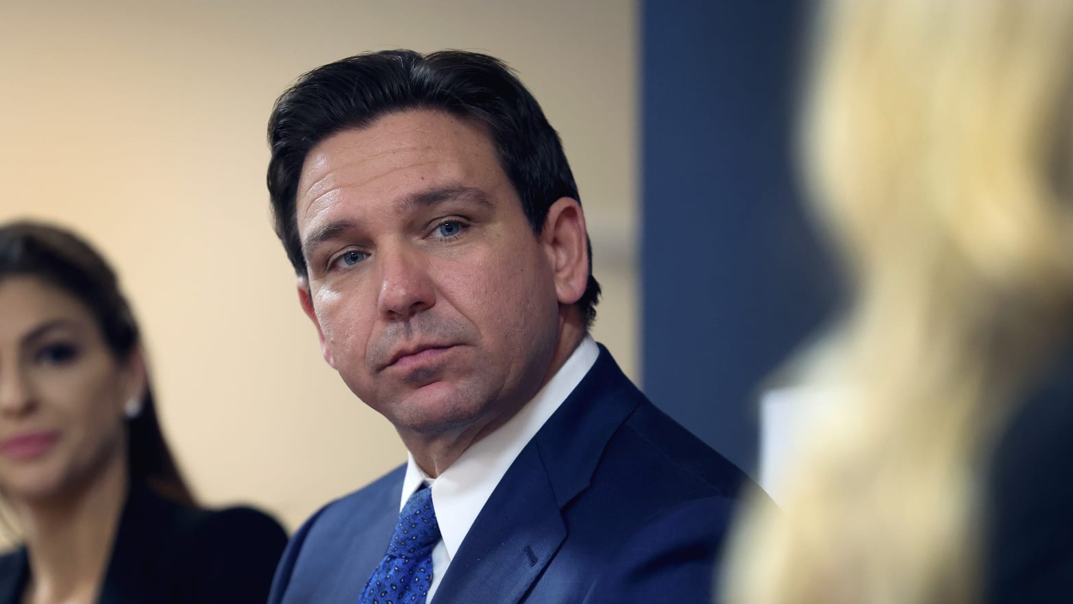 Republican presidential candidate Florida Governor Ron DeSantis speaks to guests during the Scott County Fireside Chat at the Tanglewood Hills Pavilion on December 18, 2023 in Bettendorf, Iowa. (Photo by Scott Olson/Getty Images)"