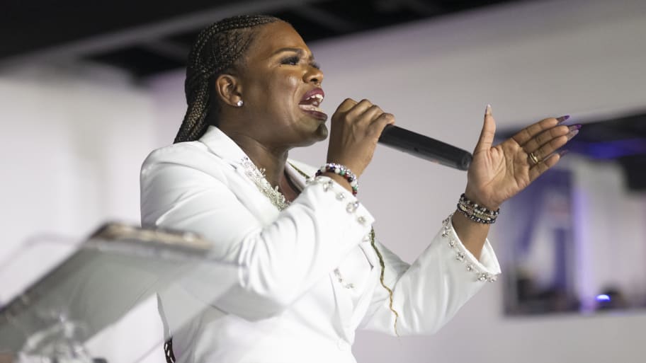 U.S. Rep. Cori Bush (D-MO) delivers her concession speech during a primary election watch party at Chevre Events on August 6, 2024 in St Louis, Missouri. Bush lost Tuesday's Democratic primary to St. Louis County Prosecutor Wesley Bell.