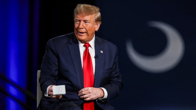 Former president Donald Trump participates in a Fox News town hall with Laura Ingraham in Greenville, South Carolina