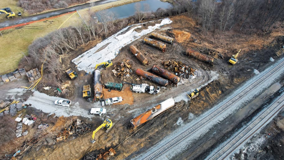 the site of the derailment of a train carrying hazardous waste in East Palestine, Ohio