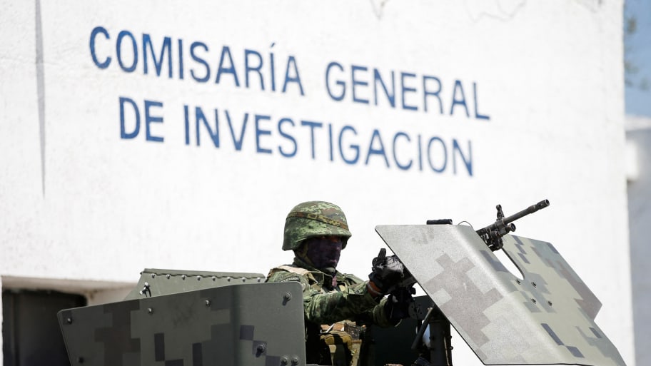 A soldier guards outside the Attorney General’s Office of the State of Tamaulipas.
