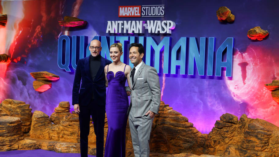 Peyton Reed, Paul Rudd and Kathryn Newton at the premiere of “Ant-Man and the Wasp: Quantumania.”