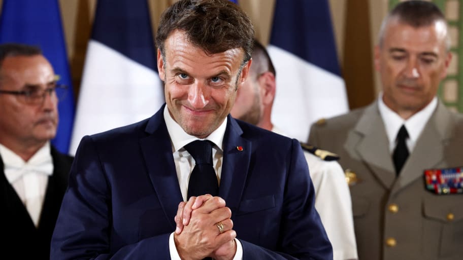 French President Emmanuel Macron on the sidelines of the International Paris Air Show, at the Hotel des Invalides in Paris, France, June 19, 2023. 