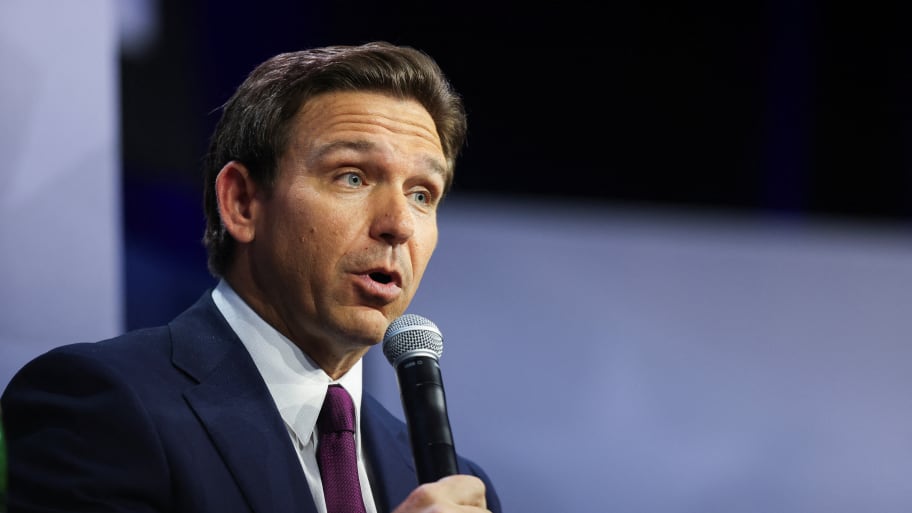 Florida Governor Ron Desantis speaks as he is interviewed by former Fox News commentator Tucker Carlson.