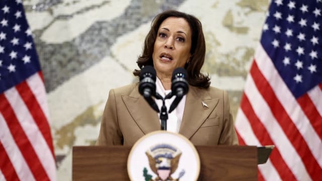 Vice President Kamala Harris speaks during a press conference at the United Nations Climate Change Conference COP28 in Dubai in December 2023.