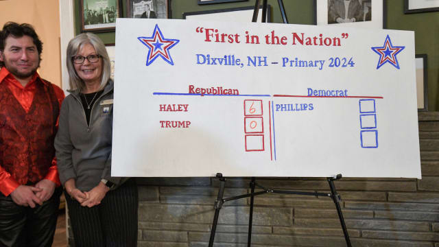 A tally board shows Nikki Haley’s sweep in Dixville Notch, New Hampshire, in the 2024 primary. 