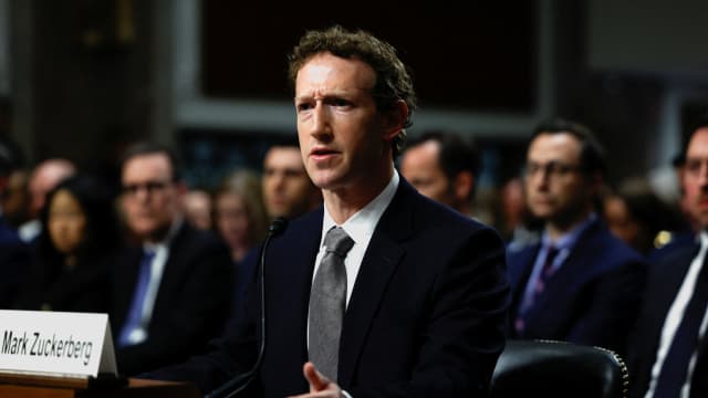 Meta's CEO Mark Zuckerberg reacts as he testifies during the Senate Judiciary Committee hearing on online child sexual exploitation at the U.S. Capitol on January 31, 2024.