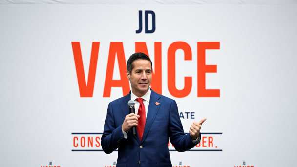 Former Republican senate candidate Bernie Moreno introduces JD Vance and Donald Trump Jr. at an event ahead of next month's primary election in Independence, Ohio, U.S., April 20, 2022.