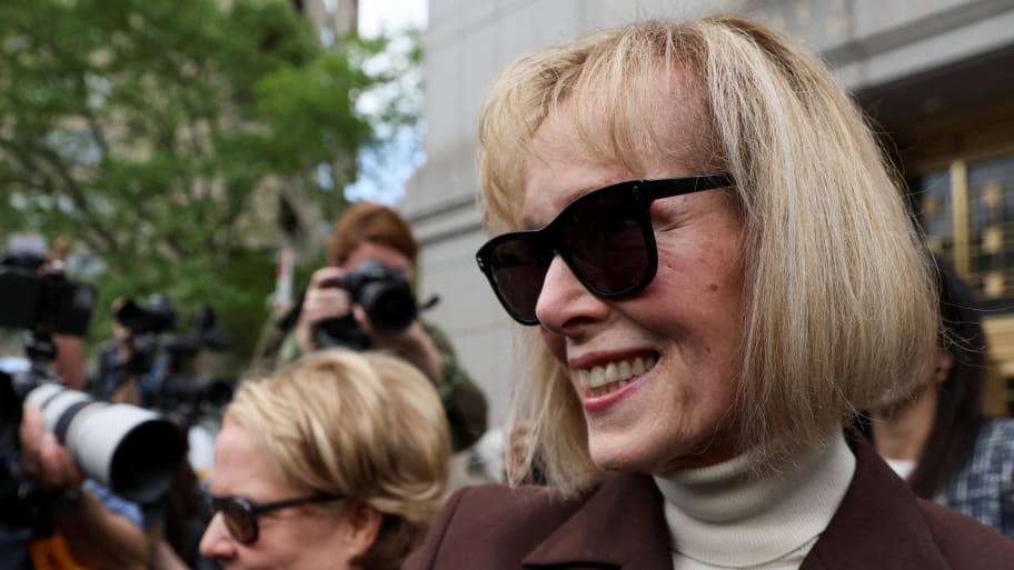 E. Jean Carroll reacts as she exits the Manhattan Federal Court following the verdict in the civil rape accusation case against former U.S. President Donald Trump, in New York City, U.S., May 9, 2023.  