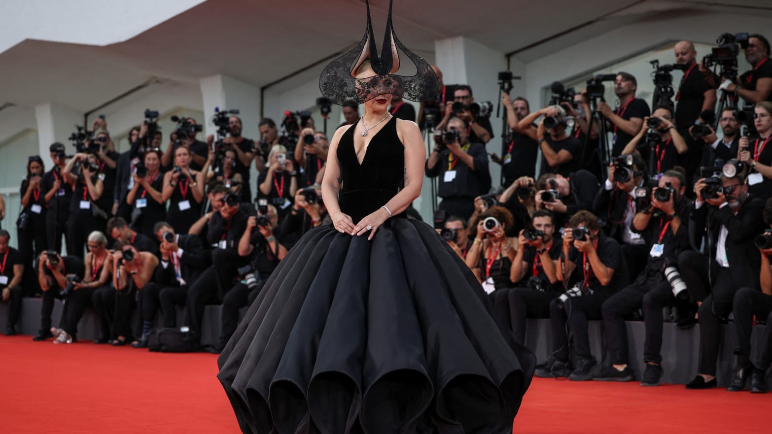 Lady Gaga poses on the red carpet ahead of the premiere of "Joker: Folie a Deux" during the Venice Film Festival on September 4, 2024.