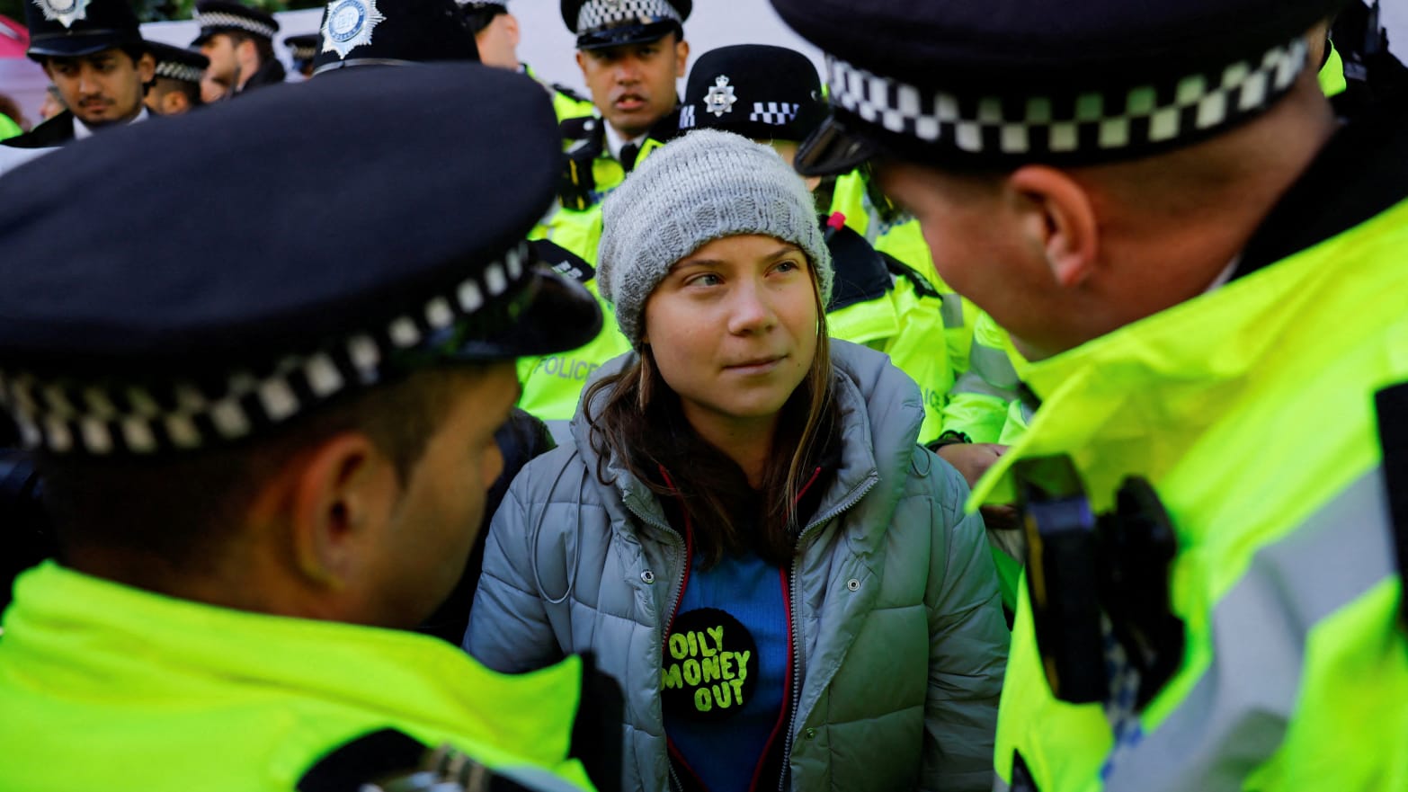 Swedish climate campaigner Greta Thunberg is detained during an Oily Money Out and Fossil Free London protest in London, Britain, October 17, 2023. 