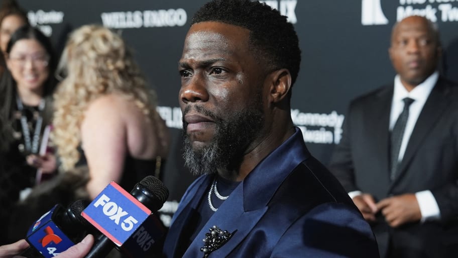 Comedian Kevin Hart reacts as he speaks to the media prior to being awarded the 25th Mark Twain Prize for American Humor at the John F. Kennedy Center for the Performing Arts.