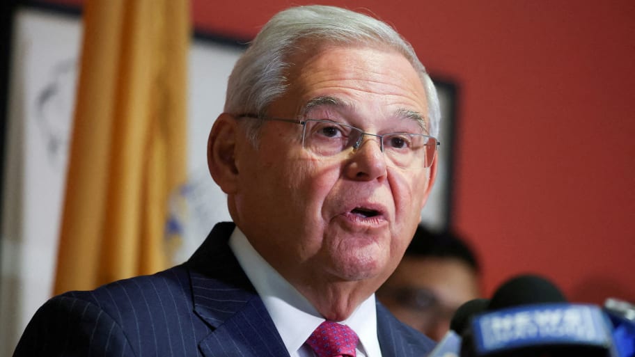 Robert Menendez (D-NJ) delivers remarks, after he and his wife Nadine Menendez were indicted on bribery offenses