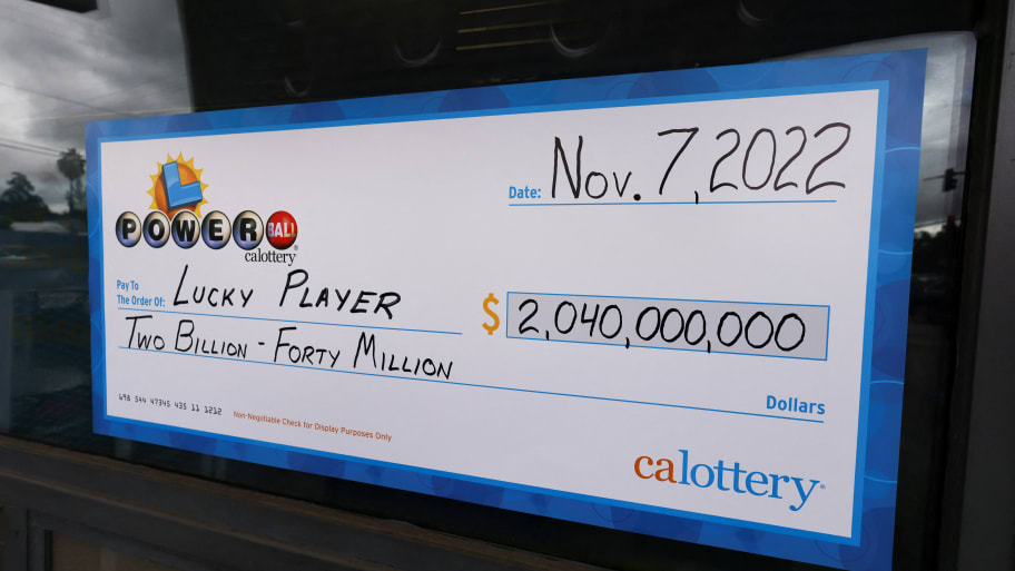 A display check is seen at Joe's Service Center, where a single winning ticket for the Powerball lottery drawing was sold, in Altadena, California.