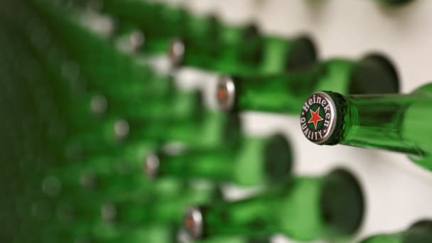 Heineken beer bottles lined up