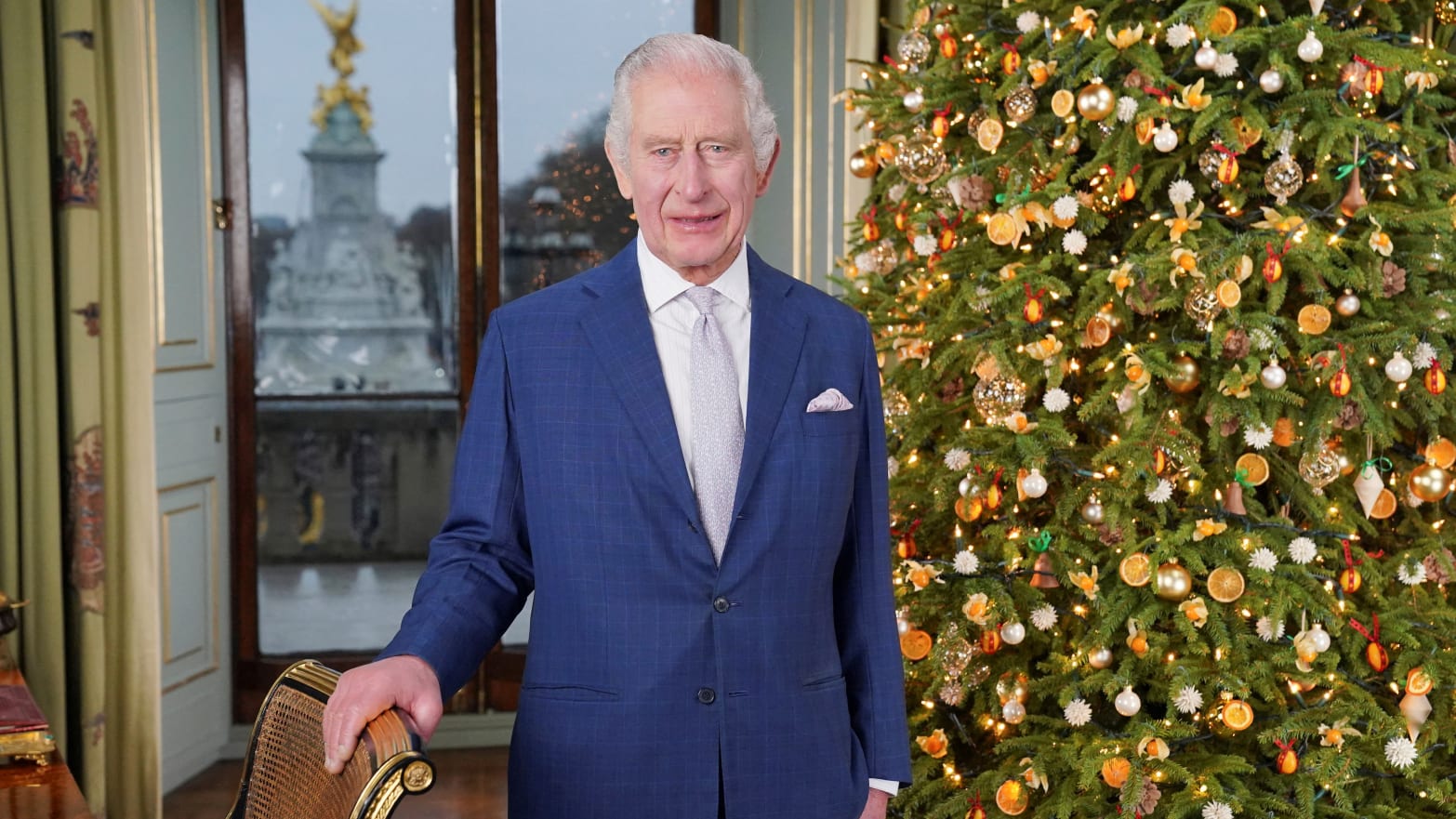 Britain's King Charles poses for a photo during the recording of his Christmas message at Buckingham Palace, in London, Britain December 7, 2023.