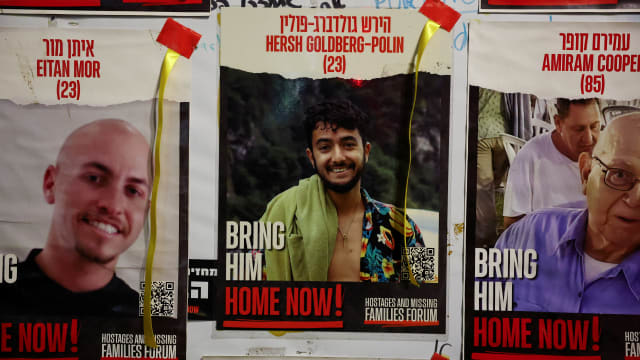 A view of a banner depicting Hersh Goldberg-Polin, an Israeli-American seized during the October 7 attack on Israel and taken hostage into Gaza
