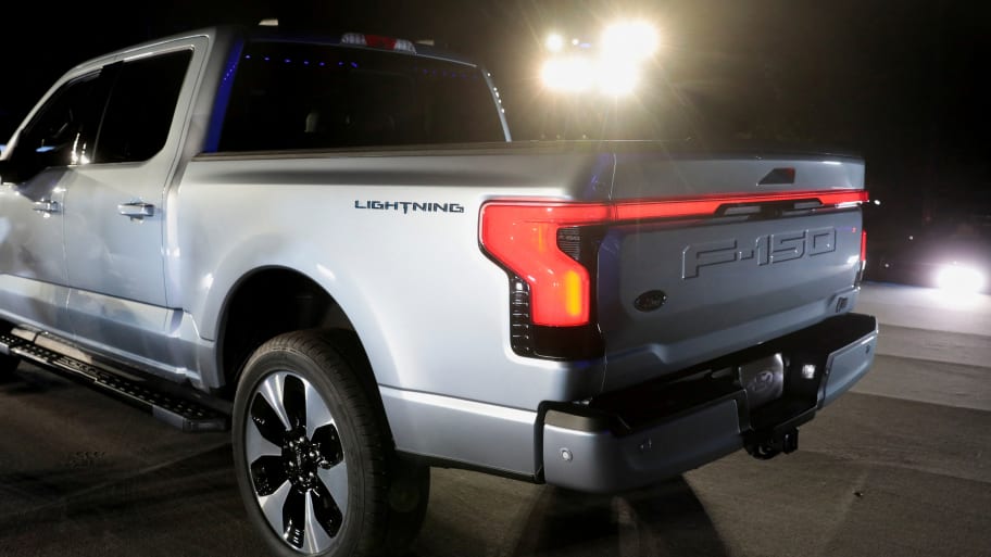 The electric Ford F-150 Lightning is unveiled at the company's world headquarters in Dearborn, Michigan.