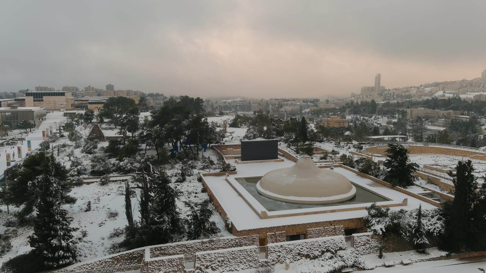 An aerial view shows the Israel Museum in snow-covered Jerusalem, Jan. 27, 2022.