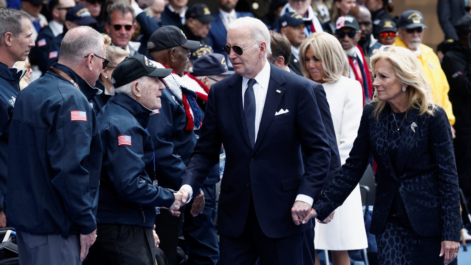 President Joe Biden and first lady Jill Biden meeting war vets at the D-Day celebration in France last month.