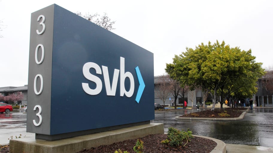 A sign for Silicon Valley Bank (SVB) headquarters is seen in Santa Clara, California, March 10, 2023. 