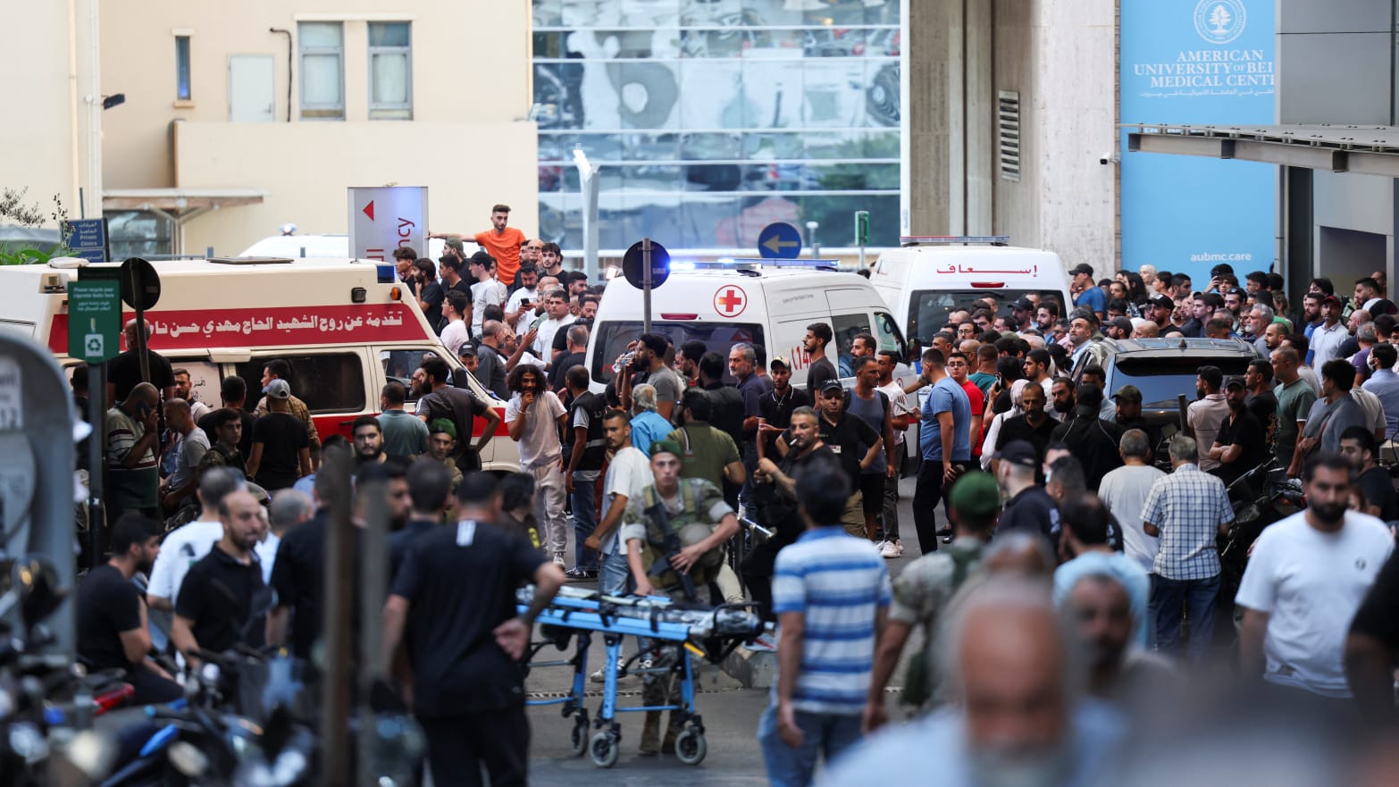 Ambulances arrive to American University of Beirut Medical Center (AUBMC) as thousands of people, including Hezbollah fighters and medics, were wounded when the pagers exploded across Lebanon