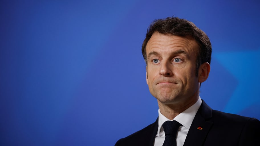 French President Emmanuel Macron reacts during a news conference as part of the European Union leaders' summit in Brussels, Belgium March 24, 2023. 