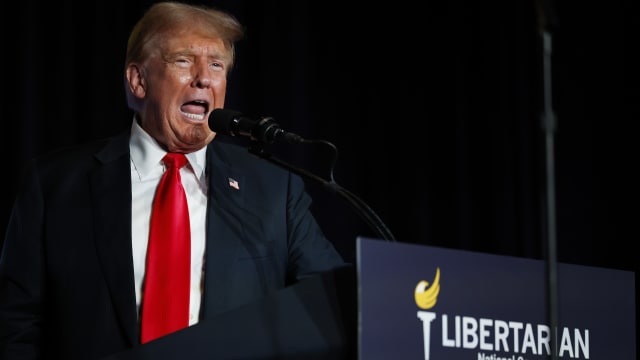 Former U.S. President and Republican presidential candidate Donald Trump addresses the Libertarian Party National Convention at the Washington Hilton on May 25, 2024 in Washington, DC. 