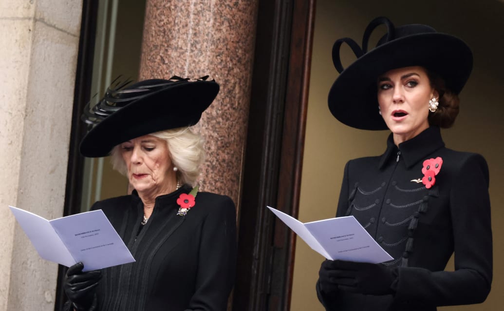 Britain's Queen Camilla and Catherine, Princess of Wales, attend the National Service of Remembrance at The Cenotaph on Whitehall in London, Britain, November 12, 2023.