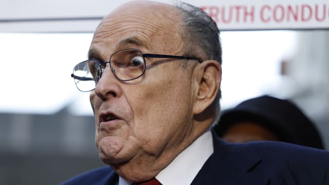 Rudy Giuliani, the former personal lawyer for former U.S. President Donald Trump, speaks after a verdict was reached in his defamation jury trial on December 15, 2023