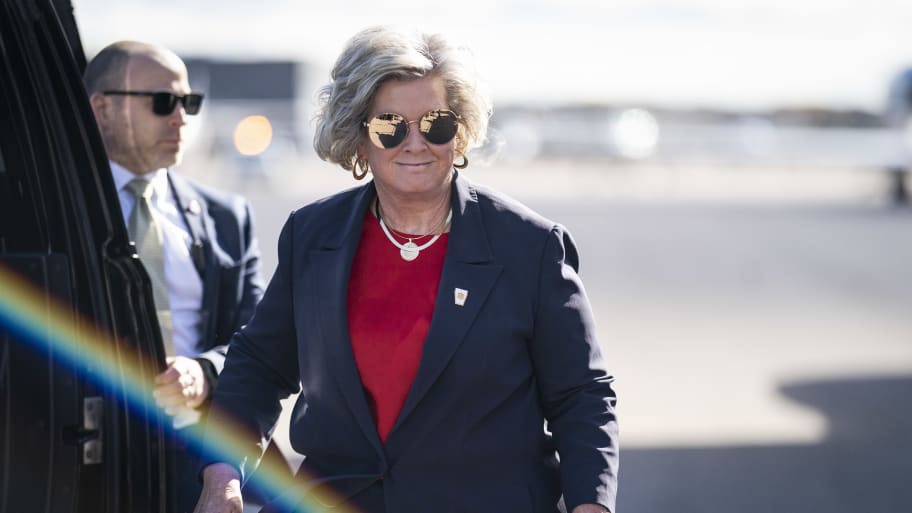 Susie Wiles and Former President Donald Trump disembark his plane known as Trump Force One at Manchester-Boston Regional Airport on Monday, Oct. 23, 2023, in Londonderry, New Hampshire.