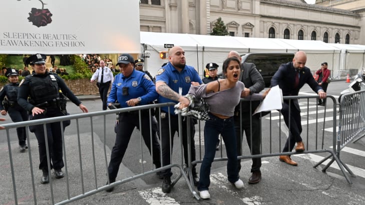 Police tackle pro-Palestinian protesters disrupting the arrivals for the 2024 Met Gala at the Metropolitan Museum of Art