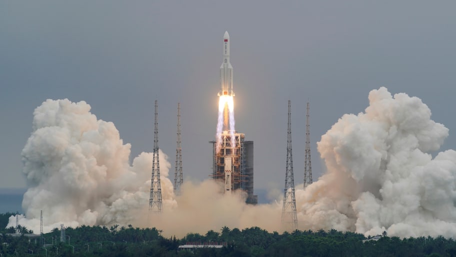 The Long March-5B Y2 rocket, carrying the core module of China’s space station Tianhe, takes off from Wenchang Space Launch Center in Hainan province, China, April 29, 2021.