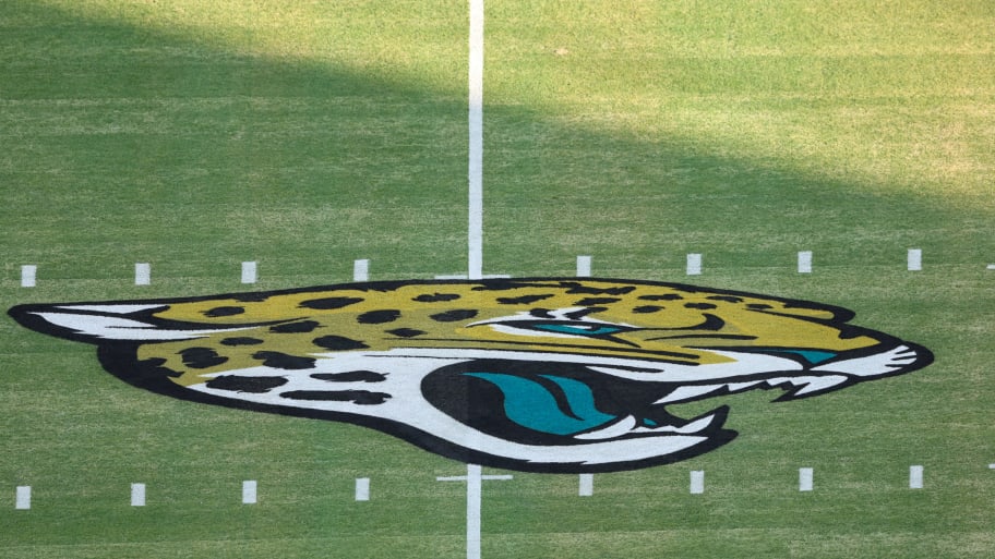 Jacksonville Jaguars logo is displayed a mid field before a game against the Tennessee Titans.