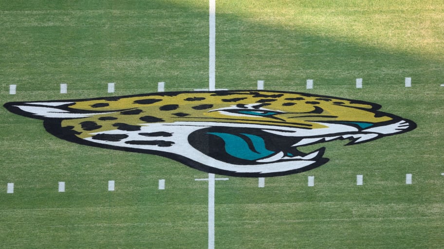 the Jacksonville Jaguars logo is displayed a mid field before a game against the Tennessee Titans at TIAA Bank Field