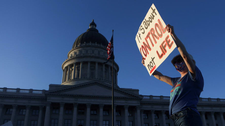 Abortion rights protesters gather at the Utah State Capitol in Salt Lake City, Utah, June 24, 2022. 