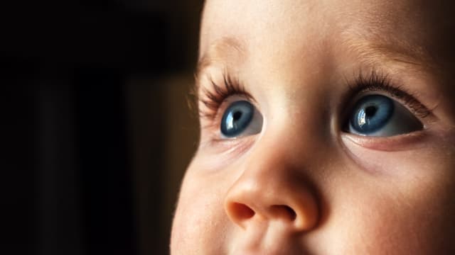 "The bright blue eyes of a nine month old girl."