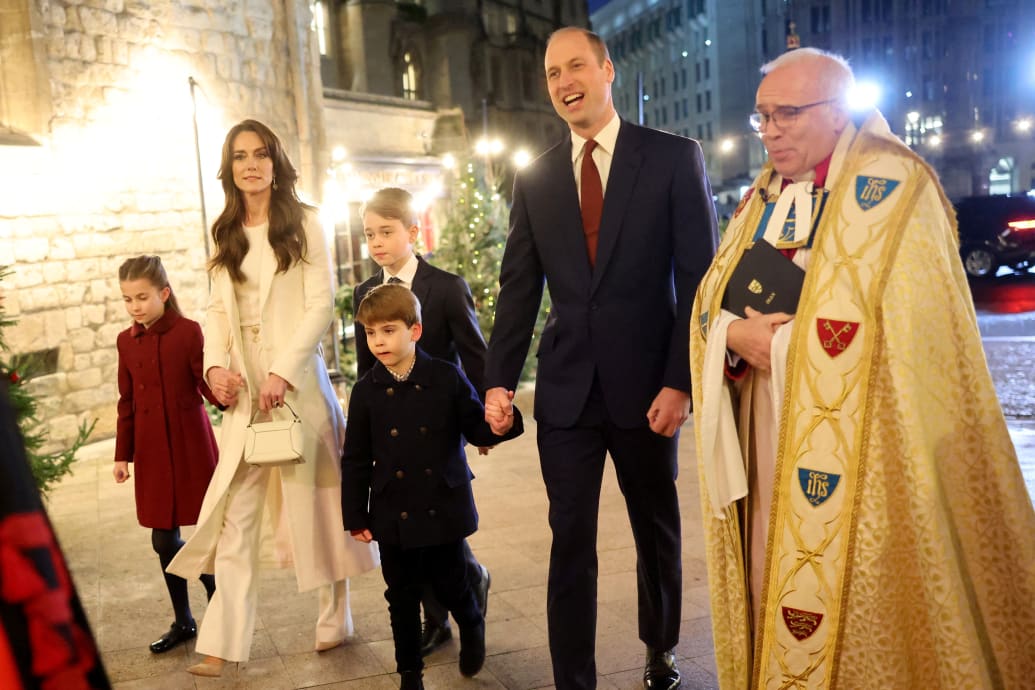 Princess Charlotte, Kate Middleton, Prince Louis, Prince George, Prince William, and The Dean of Westminster Abbey, The Very Reverend Dr David Hoyle attend The "Together At Christmas" Carol Service at Westminster Abbey on December 08, 2023 in London.