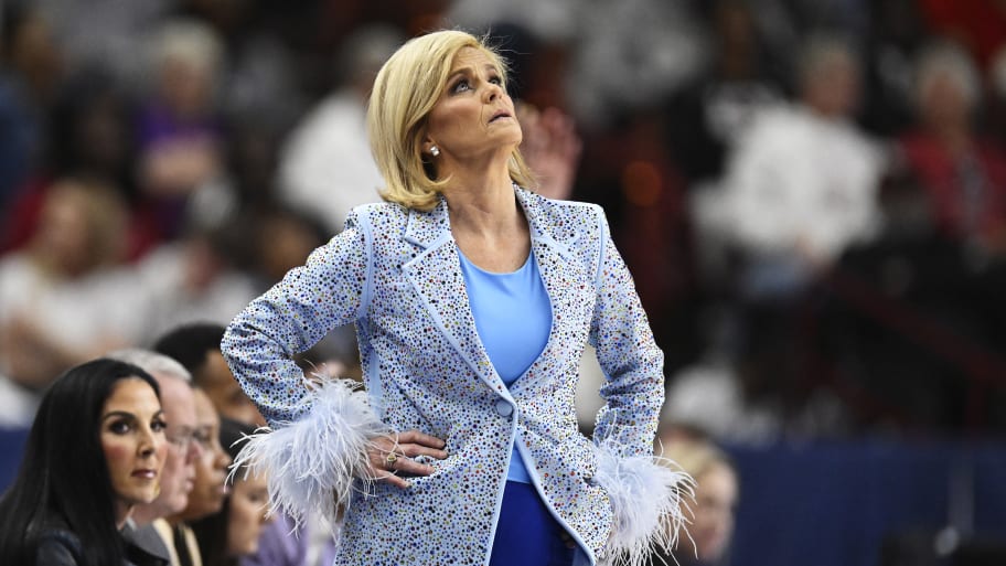 Head coach Kim Mulkey of the LSU Lady Tigers looks on in the second quarter during the championship game of the SEC Women's Basketball Tournament on March 10, 2024 in Greenville, South Carolina.