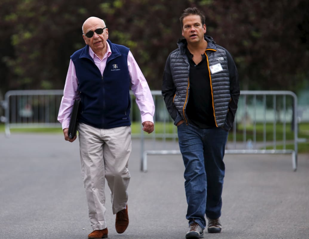 Rupert Murdoch and his son Lachlan Murdoch attend the annual Allen and Co. media conference in Sun Valley, Idaho on July 8, 2015.