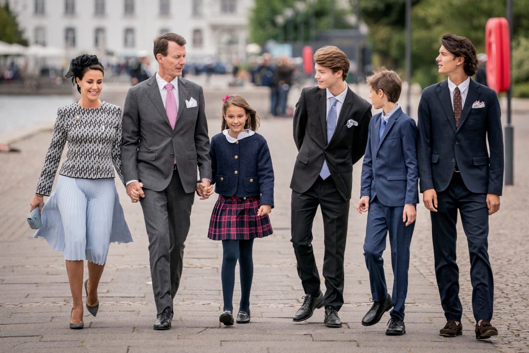 Denmark's Prince Felix, Princess Marie, Prince Joachim, Princess Athena, Prince Henrik and Prince Nikolai arrive to luncheon on the Royal Yacht Dannebrog in Copenhagen, Denmark September 11, 2022.
