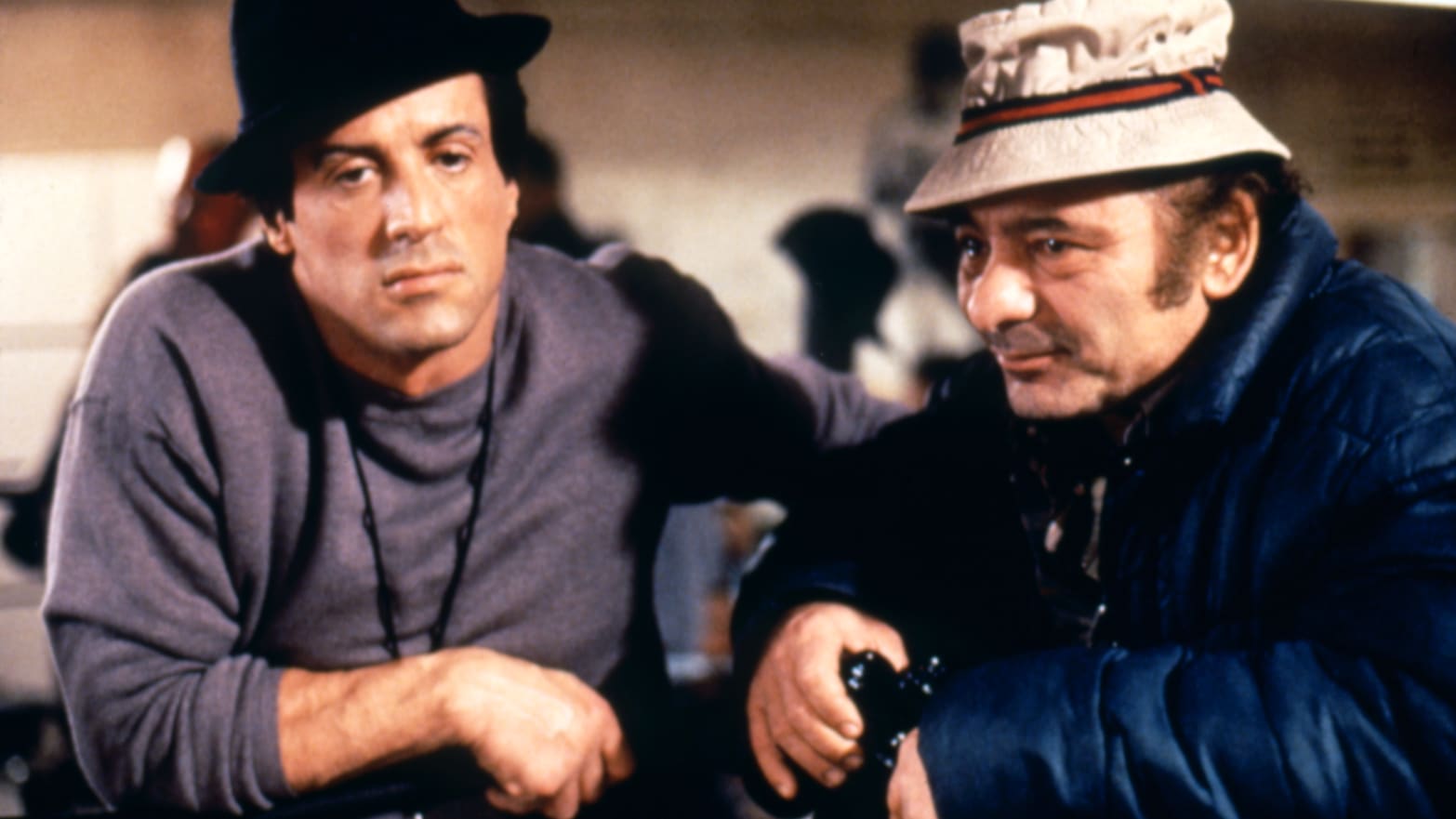 American actor Burt Young with actor and screenwriter Sylvester Stallone on the set of Rocky V