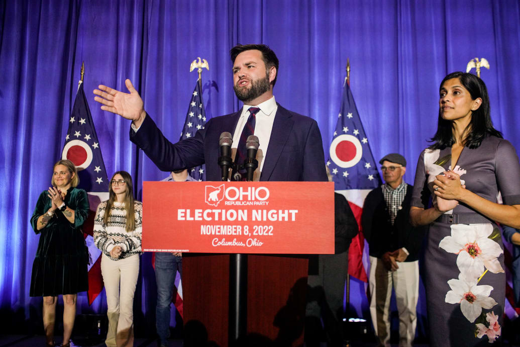 Senator J.D. Vance speaks to supporters with wife Usha Vance