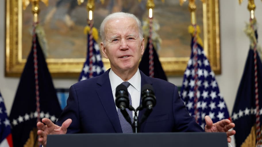 Joe Biden gives a speech in the White House