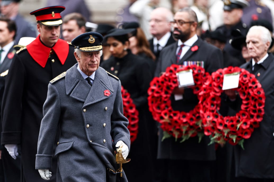 Britain's King Charles III attends the National Service of Remembrance at The Cenotaph on Whitehall in London, Britain, November 12, 2023.