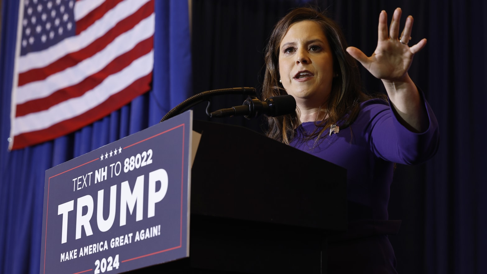 Rep Elise Stefanik (R-NY) speaks during a campaign rally for Republican presidential candidate and former President Donald Trump at the Grappone Convention Center on January 19, 2024 in Concord, New Hampshire. 
