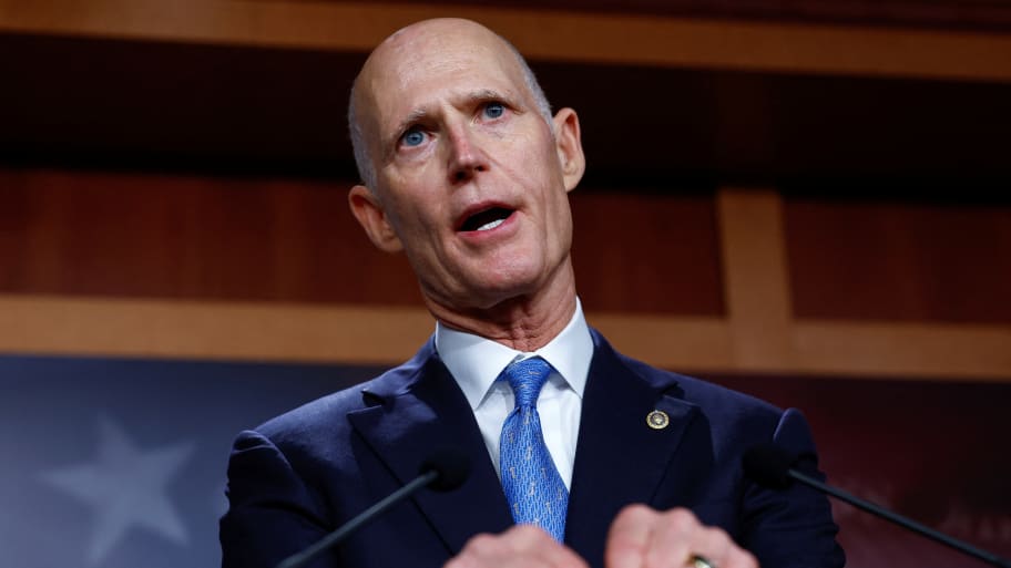 Senator Rick Scott (R-FL) calls for the rescinding of the COVID-19 mandate for U.S. military during a news conference about the National Defense Authorization Act, on Capitol Hill in Washington, DC. 