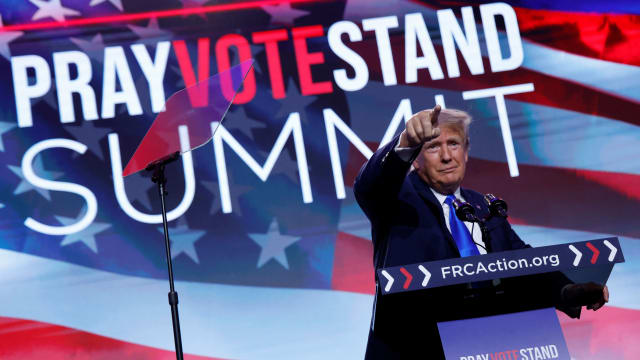 Former U.S. President and Republican presidential candidate Donald Trump addresses the Pray Vote Stand Summit, organized by the Family Research Council in Washington, U.S. September 15, 2023. 