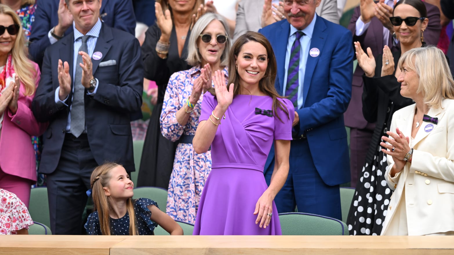 Stefan Edberg, Princess Charlotte, Marjory Gengler, Catherine, Princess of Wales, Stan Smith, Tom Cruise, Bec Hewitt and Debbie Jevans at Wimbledon, July 14, 2024 in London, England.